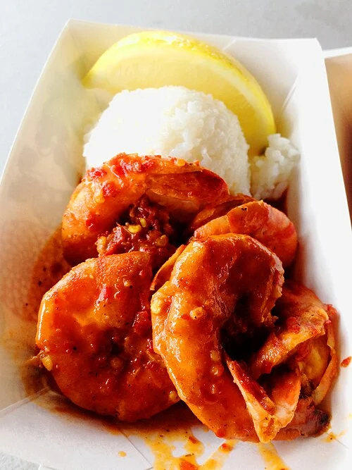 Garlic shrimp plate from a local Oahu food truck